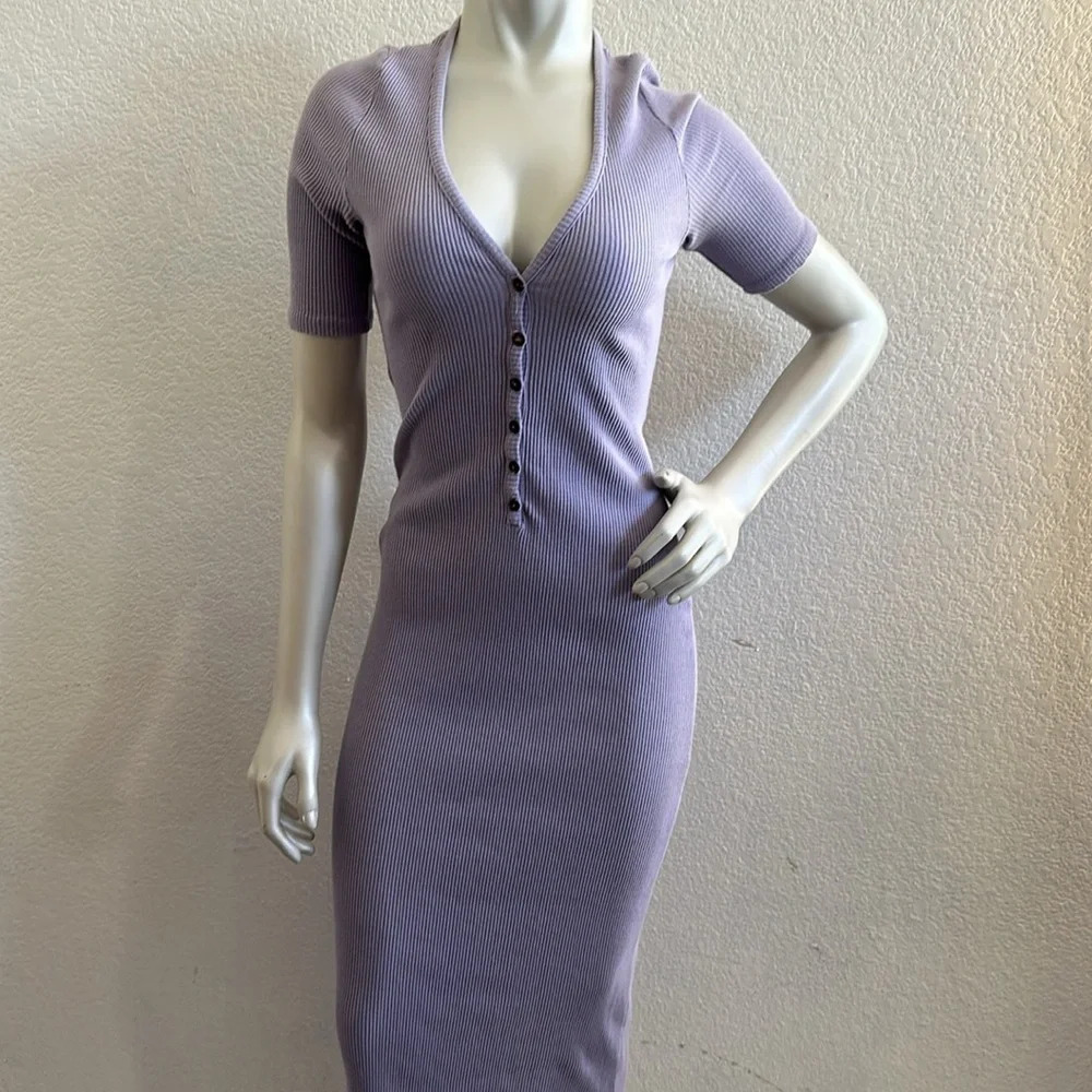 Free People FP Beach Lulu Henley Dress  Maxi Purple Ribbed V-neck Rib Knit - Picture 5 of 7